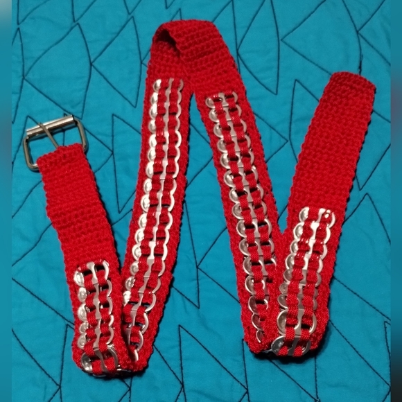Handmade Upcycled Pull-Tab Soda Belt Red measures approx 40" single layer tabs - Picture 9 of 13